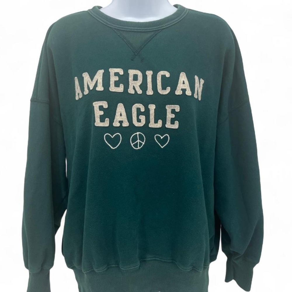 American Eagle Forest Green Peace Heart Crewneck Sweatshirt Sz S - Picture 2 of 6